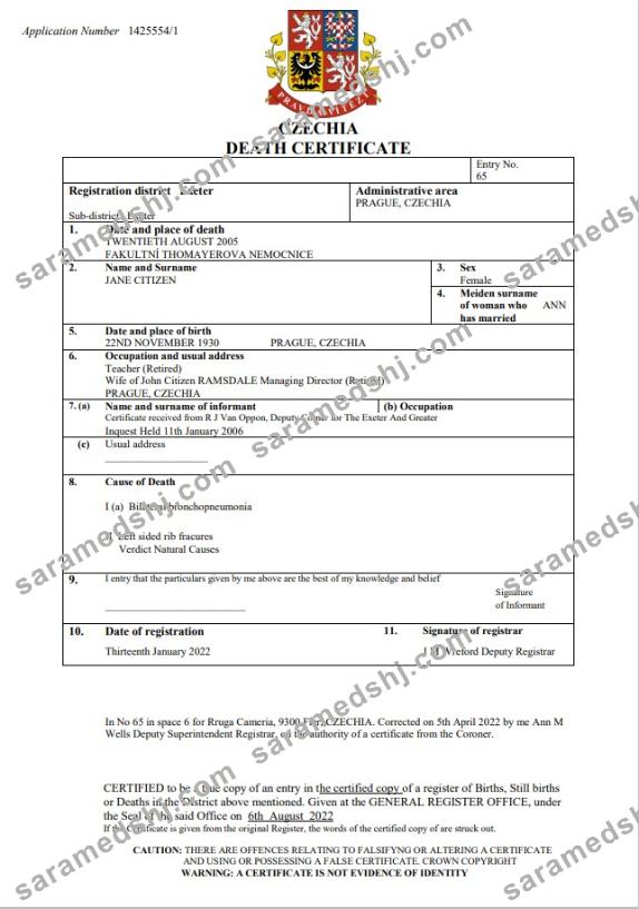 Czechia death certificate Word and PDF template